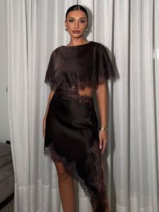 Lace Mini Dress with Open Front Sleeves, Asymmetrical Hem and Complex Lace Trim, Party Fashion Set with Matching Vest