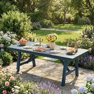 Outdoor Dining Table for 4-6, HDPE All-Weather Rectangular Patio Table with Umbrella Hole and Triangular Legs, 66.9" Long Garden Dining Table, Waterproof, Easy-Clean Rectangular Long Table for Backyard, Lawn, Poolside, Blue