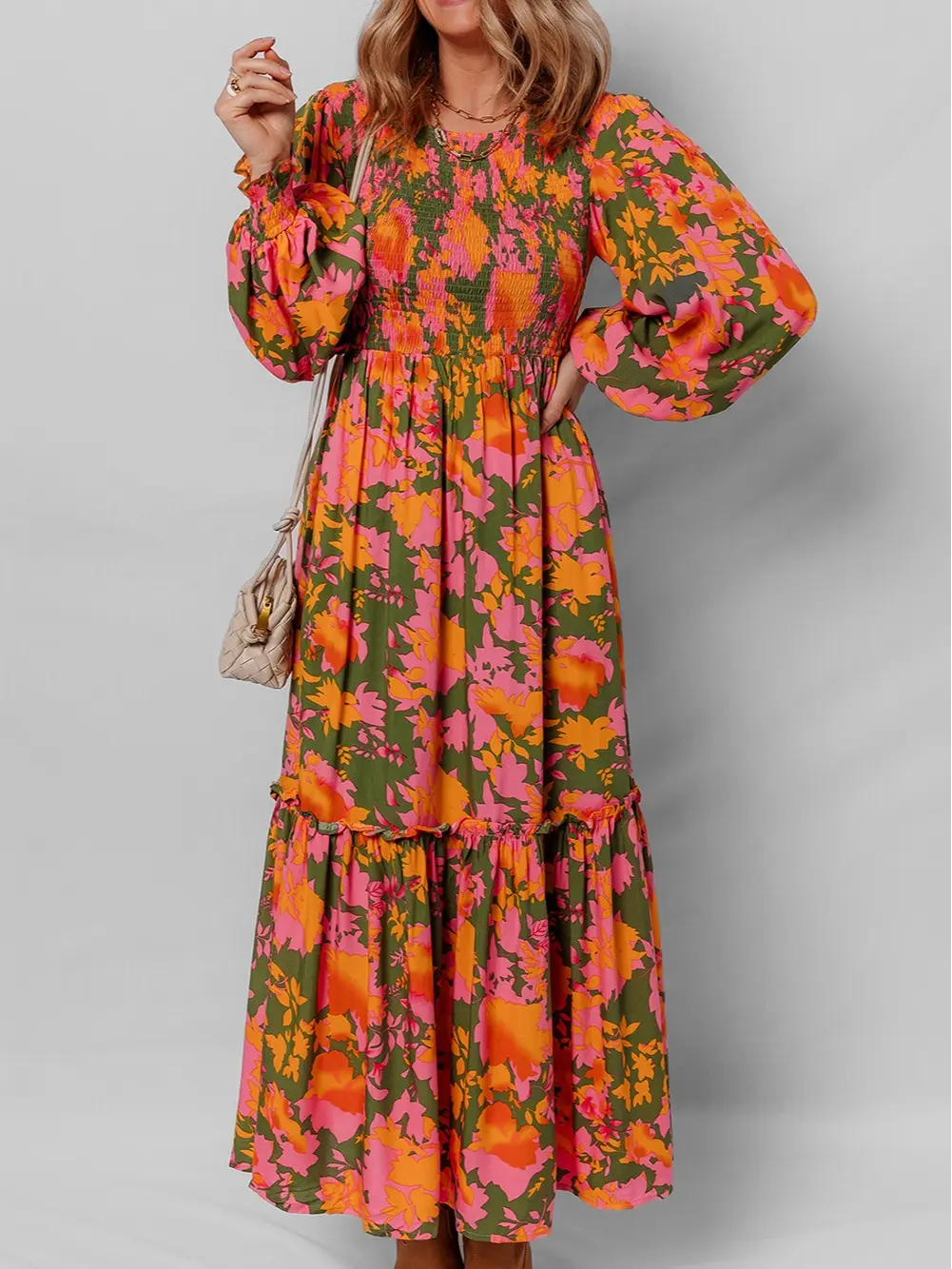 Women's Orange Floral Puff Sleeve Smocked Bodice Ruffled Long Dress -  Smocked Bodice Ruffled Long Dresses - Puff Sleeve Boho Gown - Elegant Flowy  Summer Outfits Womenswear - TikTok Shop