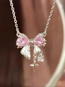 Pink bow necklace, cute student sweet and cool girl collar chain versatile lightweight luxury zircon pendant, Valentine's Day gift for girlfriend, birthday present, holiday gift, date wear