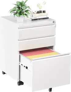 INTERGREAT 3 Drawer Filing Cabinet with Lock, White Mobile File Cabinet with Wheels, Rolling Small Metal Cabinets Under Desk for Home Office, Assembled