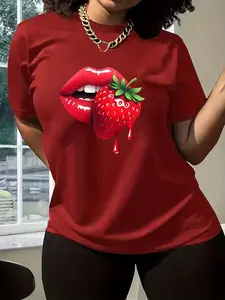 Summer Women's Round Neck T-Shirt with Cool Lip Strawberry Print, Casual Fitted Short Sleeve Top for Trendy Styles
