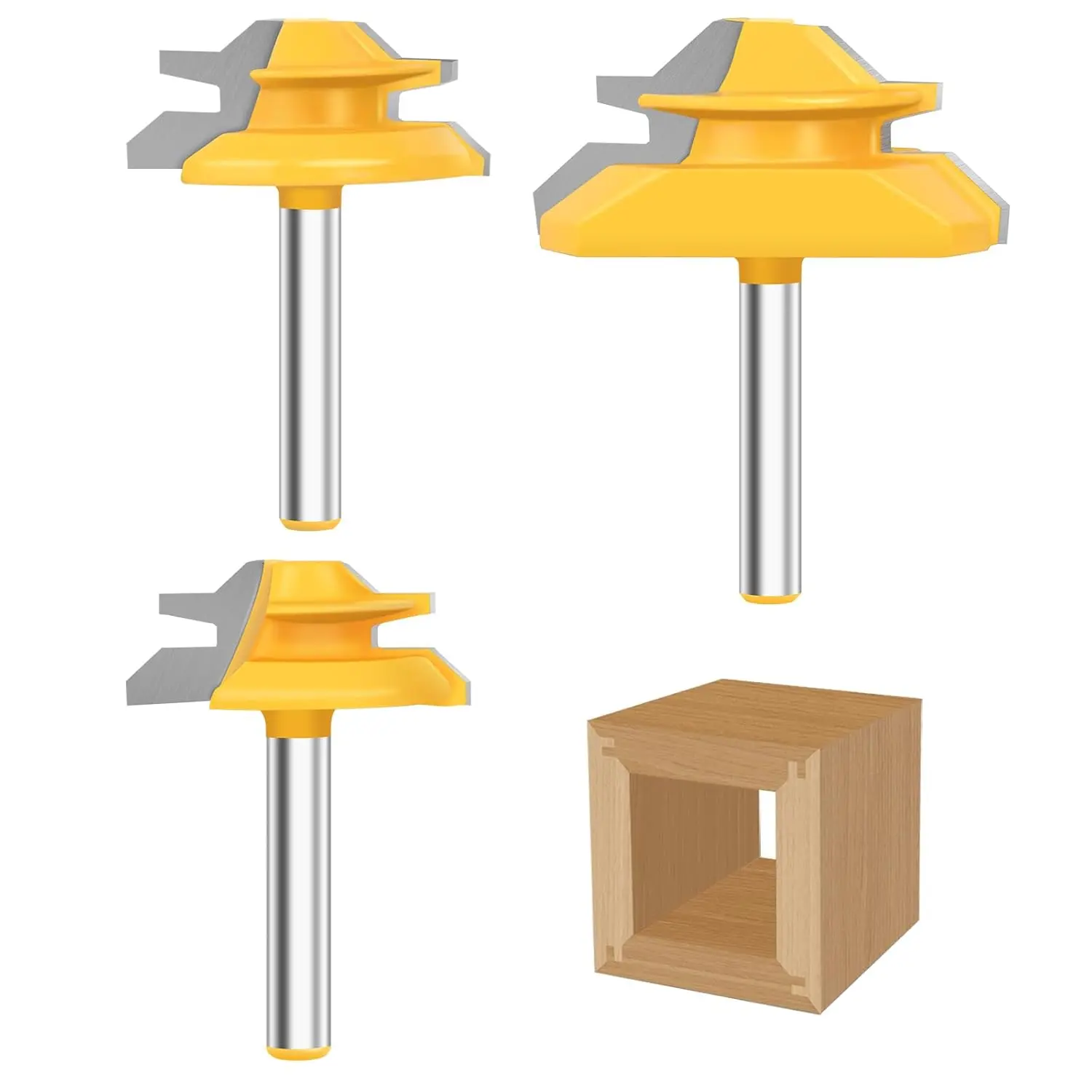 45 Degree Lock Miter Router Bit 1/4 Inch Shank 3 Pcs Joint Router Bit Set, Carbide Steel Router Bits for Woodworking, Wood Milling Cutter for Making Miter Joint 1/2", 5/8", 3/4" Cutting Height