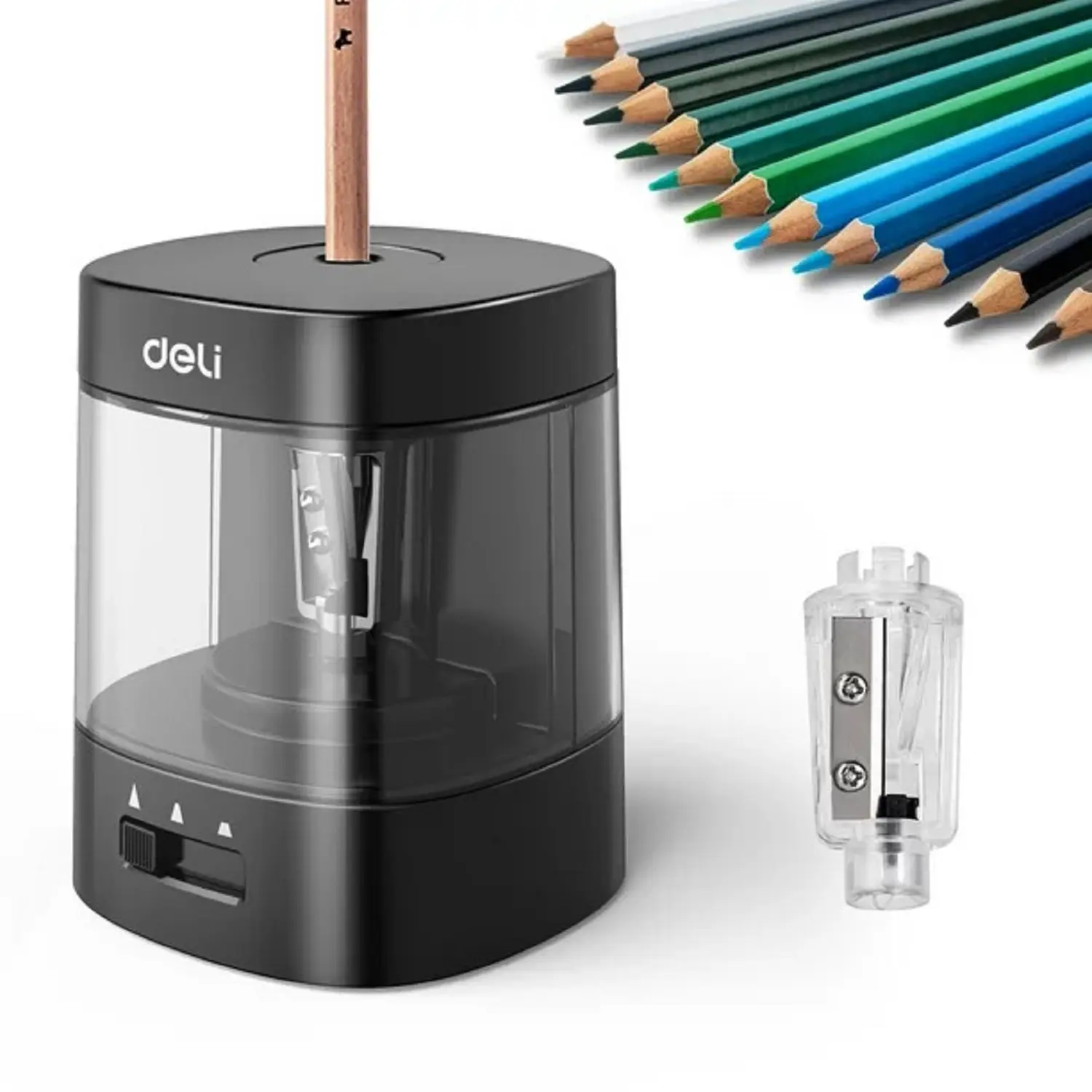 Deli Electric & Battery Pencil Sharpener, Automatic with Adjustable Thickness, Black Deli Electric & Battery Pencil Sharpener, Automatic with Adjustable Thickness, Black