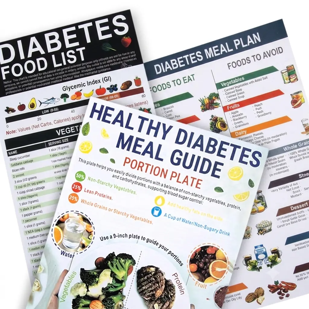 3-Pack Laminated Diabetic Food Chart & Meal Planner, Diabetes Food List for Type 1 & Type 2, Carb, Protein, Calories, Fiber, Fat & Glycemic Index Guide for Prediabetes & Beginners