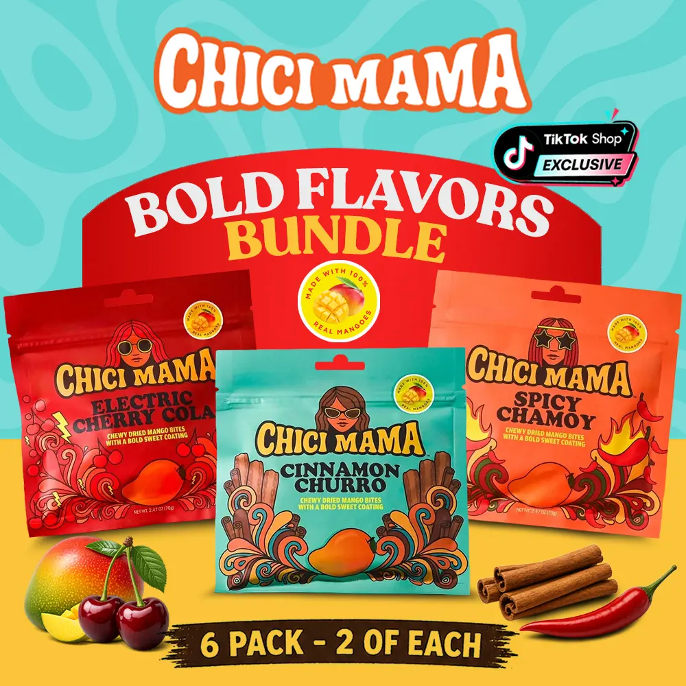 Chici Mama Dried Mango Bold Flavors Bundle 6-Pack | Spicy Chamoy, Cinnamon Churro, Electric Cherry Cola | Better-For-You Sweet Treat | Healthy Snacks for Adults and Kids