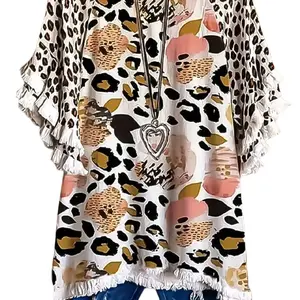 Plus Size Ruffle Tshirt with Leopard Print and Ruffled Sleeves for Women's Fashion