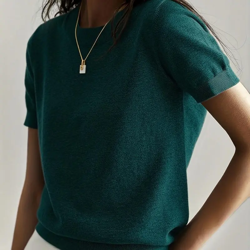 Women's Summer Lightweight Knitting Knitwear Loose Short Sleeve Top Piece, Minimalist Basic Casual Round Neck, Solid Color, Breathable Fabric, Perfect for Daily Wear & Travel