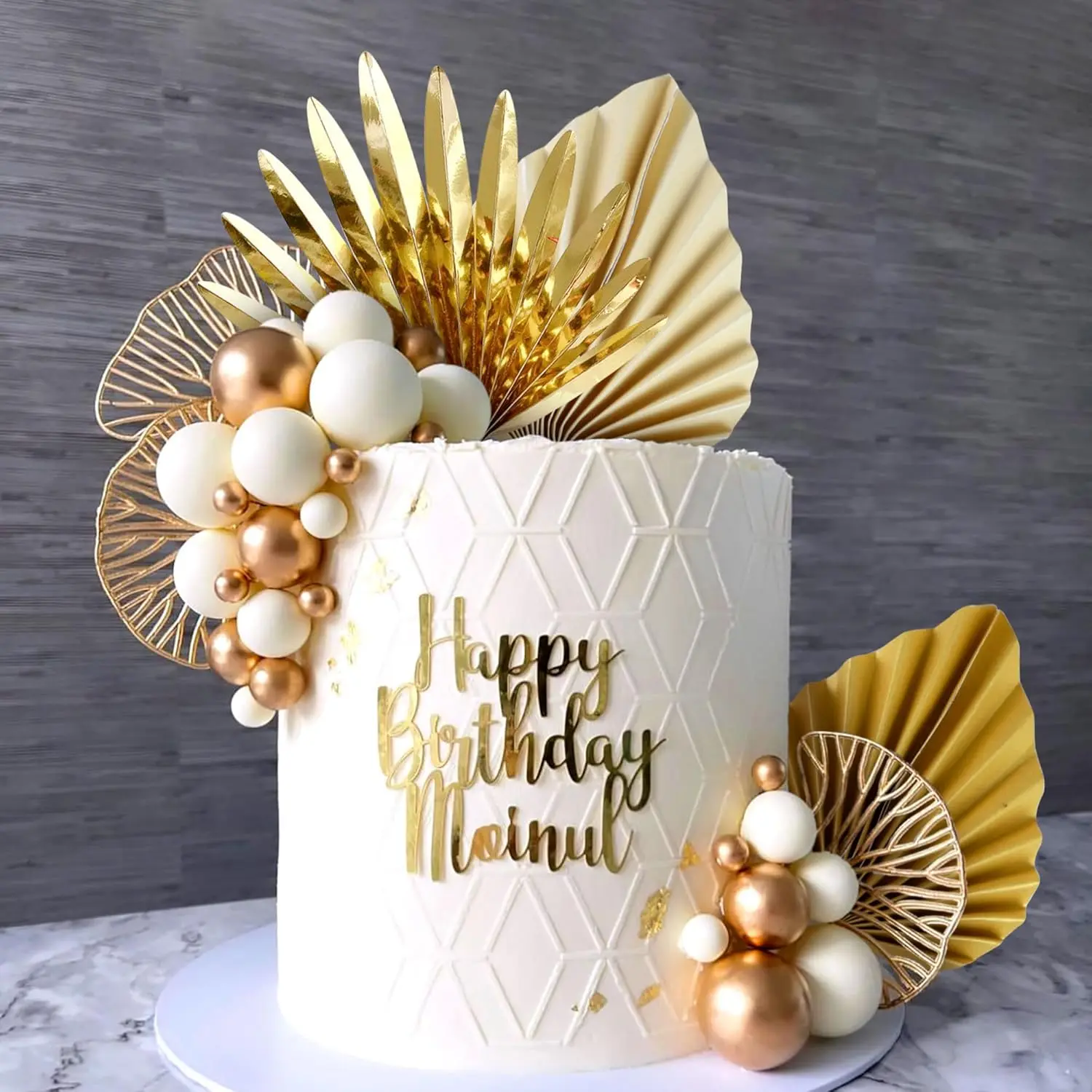 1 set Gold Cake Decorations, Palm Leaf Topper, White and Golden Cake Balls, Goldens Ginkgo Leaves for Weddings, Birthdays, Christmas, Boho Cake Decoration Party Supplies