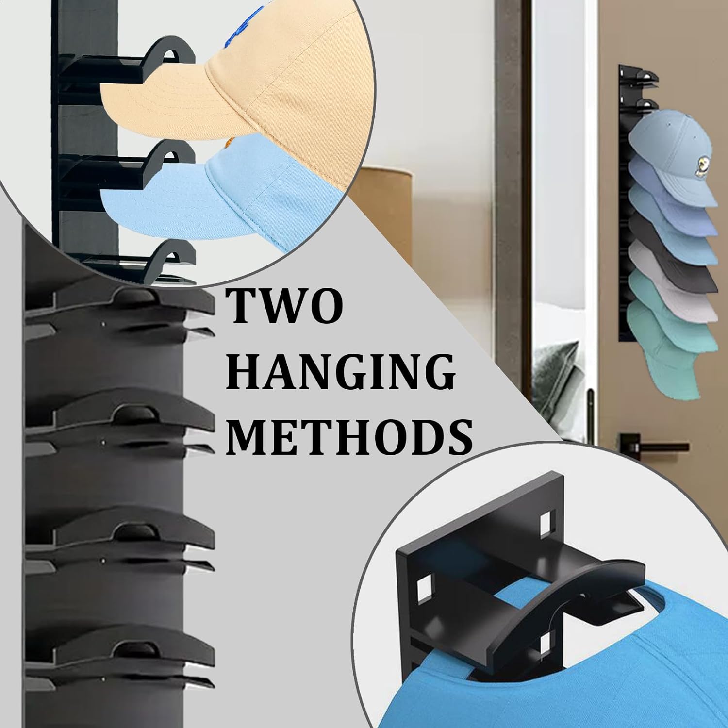 1 ps 10 Hat Organizer for Baseball Caps, Hat Rack for Wall with Strong Adhesive, Cap Organizer for Door, Bedroom, Closet (Black)