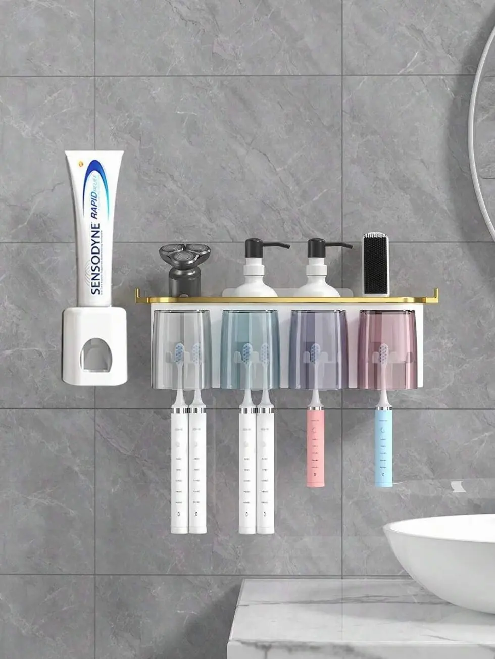 Wall-Mounted Toothbrush Holder with Automatic Toothpaste Dispenser & Dust-Proof Cups, Punch-Free Bathroom Organizer Set for Modern Home Decor