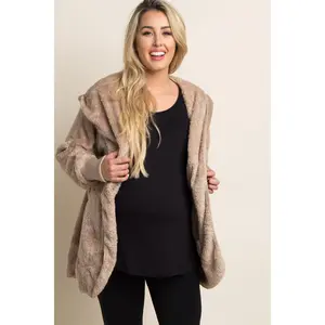 Taupe Fuzzy Hooded Long Sleeve Maternity Jacket