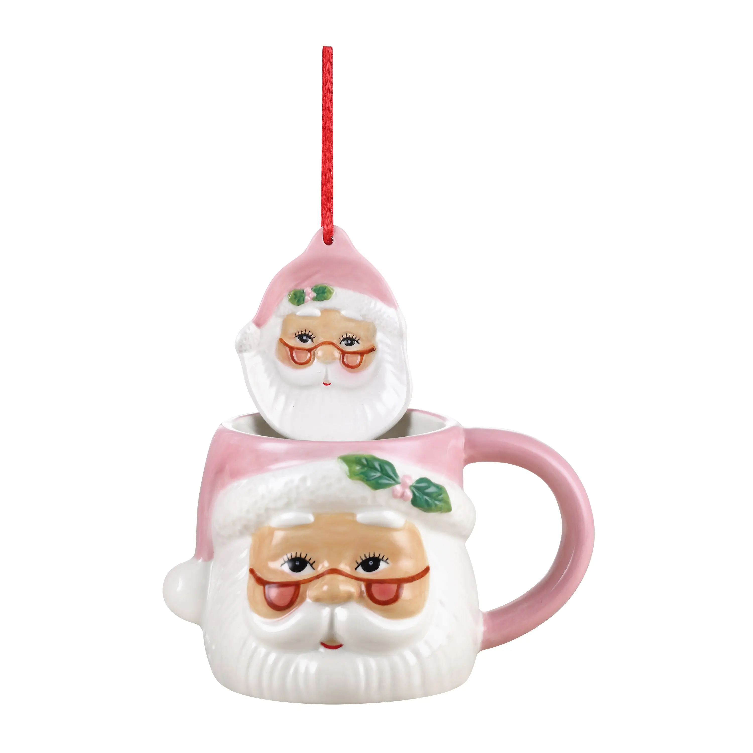 16 oz. Glossy Ceramic Santa Coffee Cup and Ornament Set - Pink, Washable Beverage Drinkware for Kitchen Use