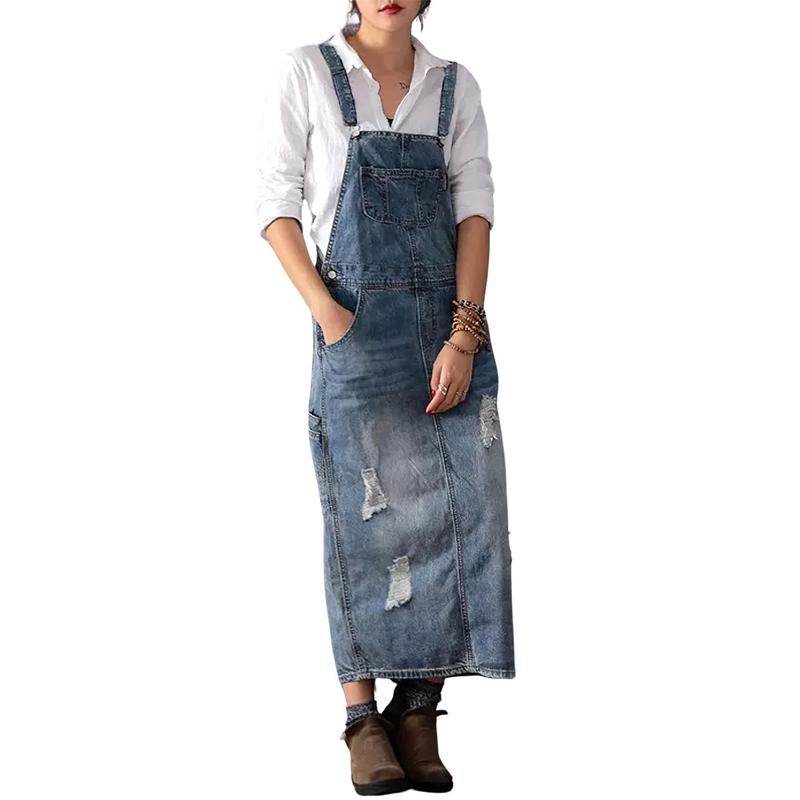 Chouyatou Women's Adjustable Strap Distressed Denim Overall Dress A-Line Pinafore Jean Dress with Split