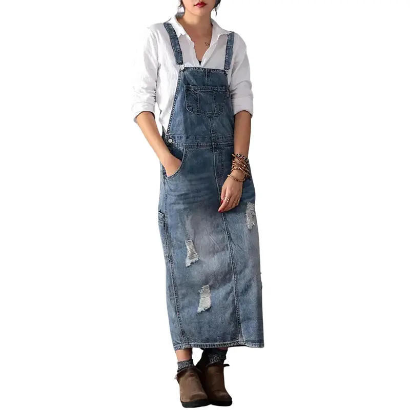 Chouyatou Women's Adjustable Strap Distressed Denim Overall Dress A-Line Pinafore Jean Dress with Split