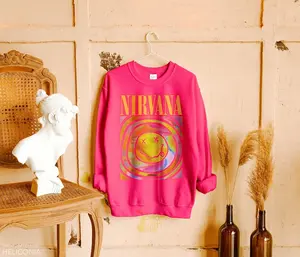 Nirvana Smiley Face Sweatshirt; Nirvana Aesthetic Unisex Crewneck Sweatshirt; Smile Tee Heliconia Pink Sweatshirt; Trendy Pink Nirvana Shirt Cotton Long Sleeve