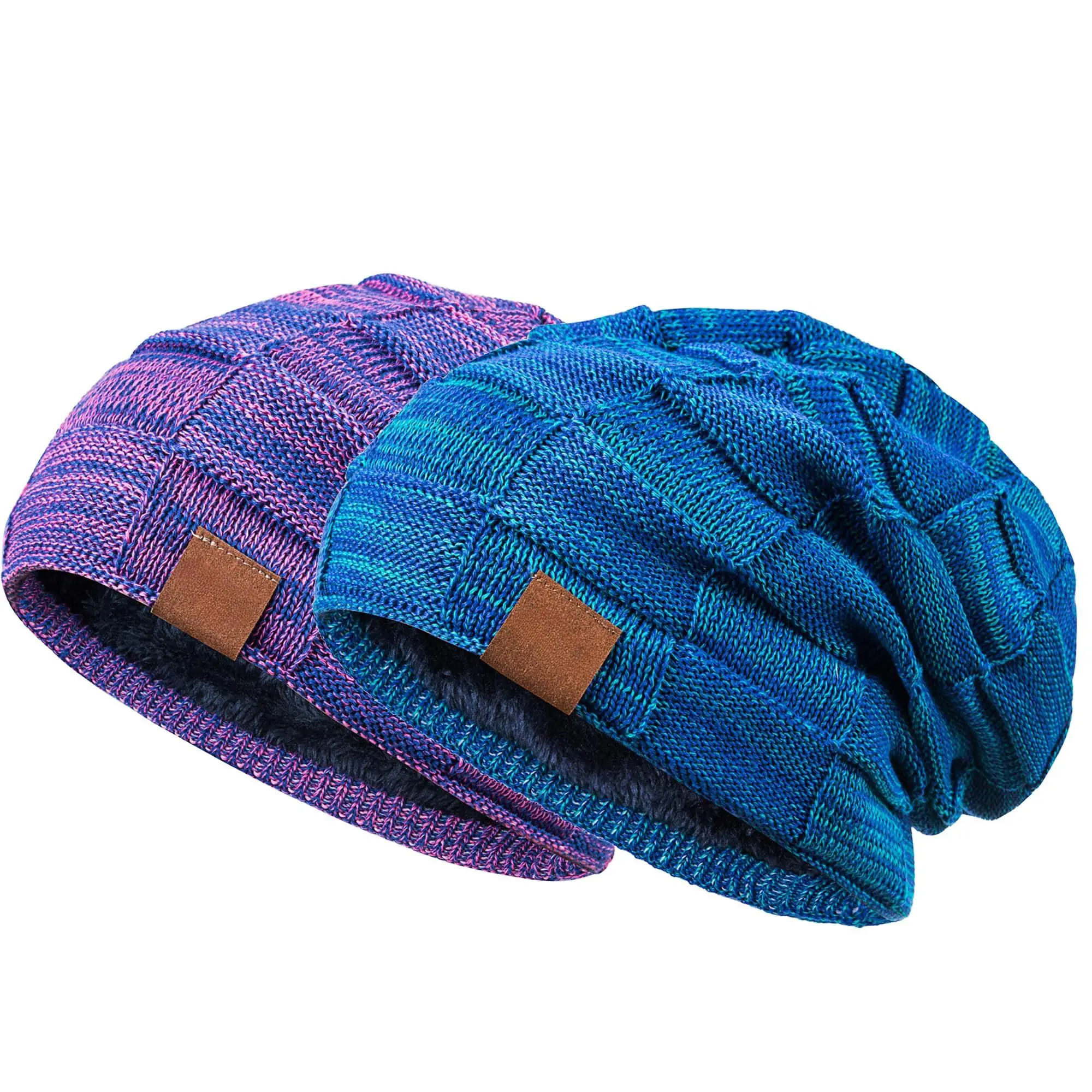 Unisex 2-Pack Acrylic Thermal-Lined Slouchy Skull Caps - Thick Moon Jacquard Winter Beanies for Outdoor, Casual Wear