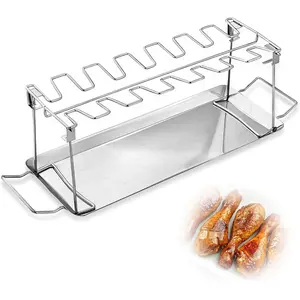 Chicken  Rack for Grill with Drip Tray, 14 Slots Stainless Steel Drumsticks Holder, Chicken Lollipop Rack for , Grill, Oven, Portable BBQ Accessories