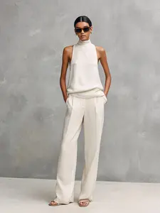 Women's Commuter Elegant Sleeveless High Neck Top and Wide Leg Pants Set, Womenswear, Comfortable Casual for Everyday Travel, Stylish and Practical