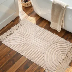Boho Bathroom Rugs with Tassels 2'x3' Cute Bath Mat Beige Cotton Rug Fits Perfectly Into Your Bath Machine Washable Woven Rug, 24 x 36 inch