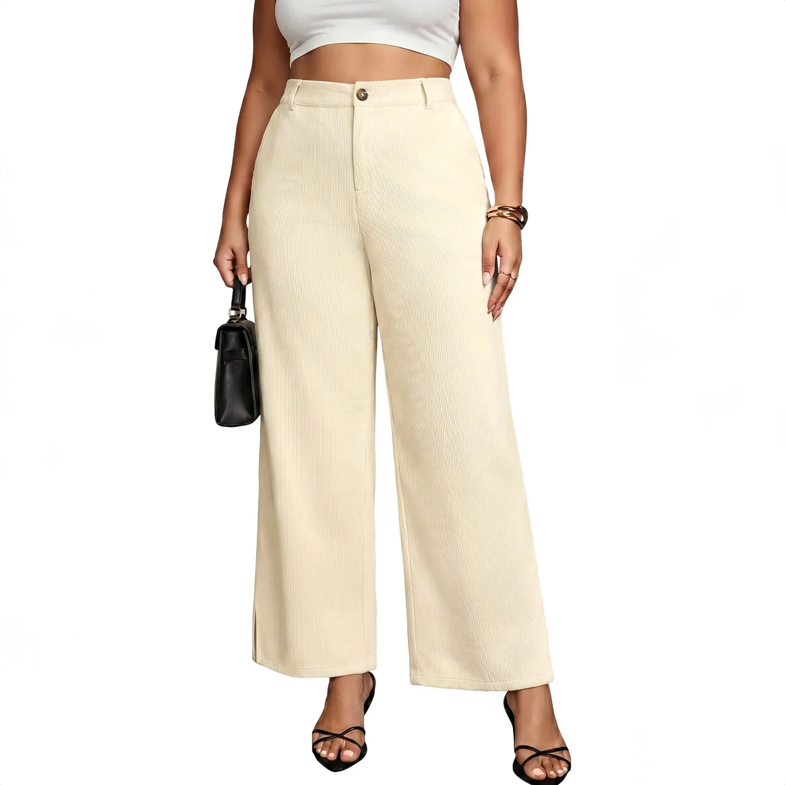 Eytino Womens Plus Size High Waist Split Corduroy Wide Leg Pants Side Pocket 2026 Fall Casual Trousers (1X-5X)