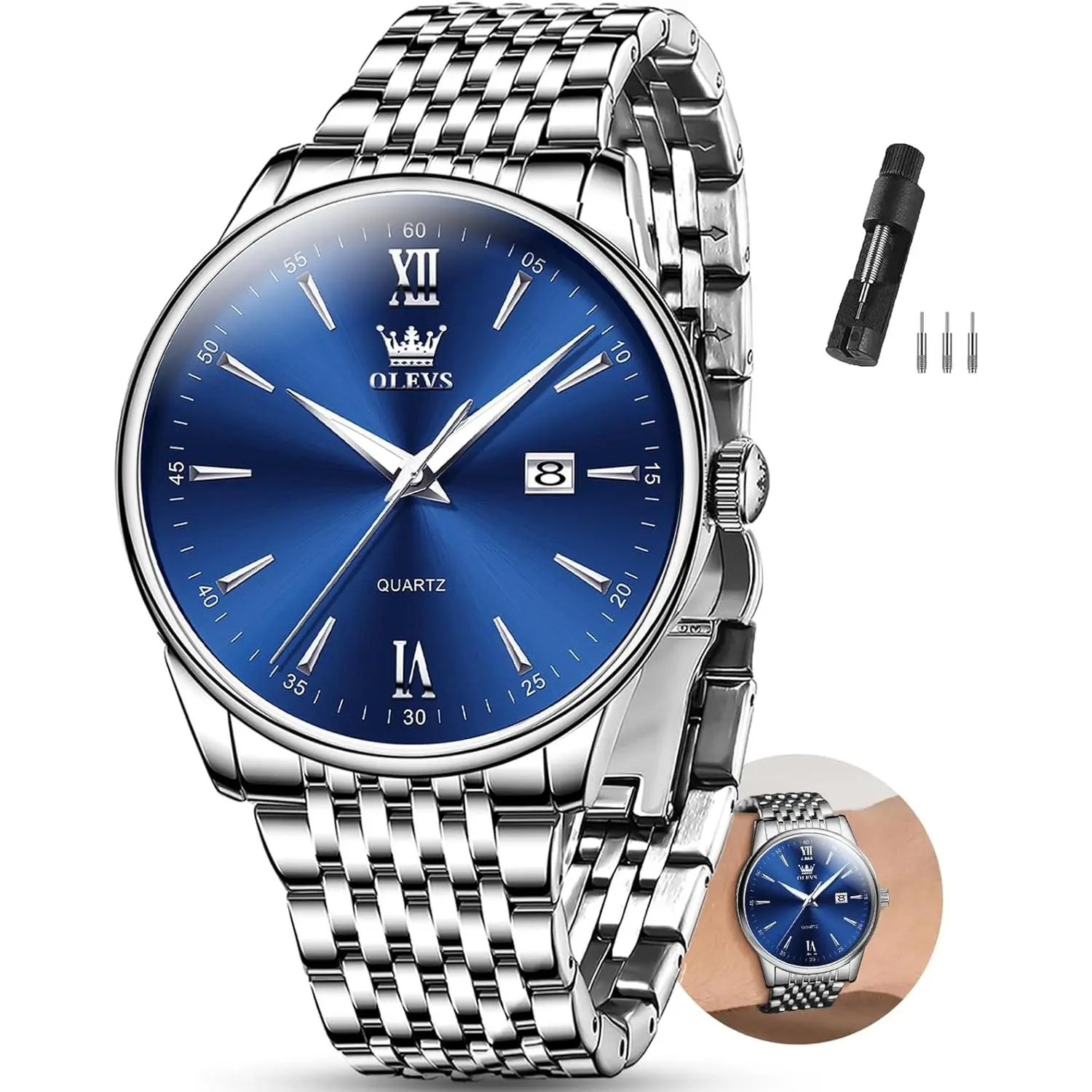 OLEVS Men's Watch,Classic Silver Watches for Men, Waterproof Stainless Steel Roman Numbers Men's Watch Easy to Read