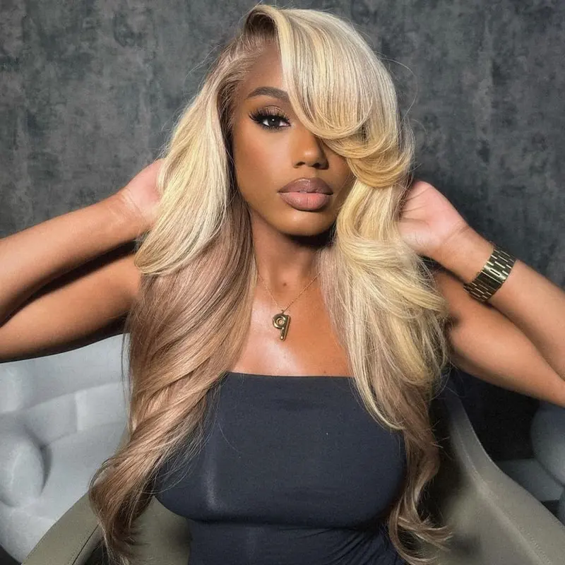 Megalook Female 13x6 Glueless Lace Front Human Hair Wig, CB Ombre Blond Fashion Color, Pre-Cut Pre-Plucked with Drawstring, Body Waves for Glueless Install, 100% Human Hair for Healthier Wear