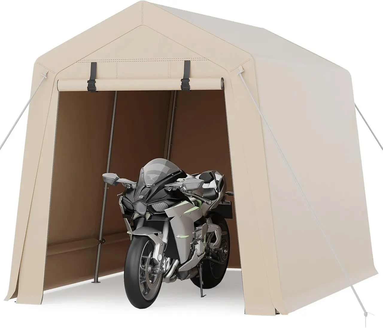 [GAOMON]7 x 10 Ft Bike Shed ATV Storage Tent Portable Storage Shed Outdoor Carport Tarp Sheds with Roll-Up Door for Motorcycle, Car, Garden Tools Khaki