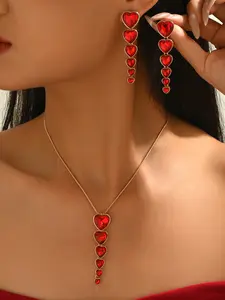 Women's Fashion Metal Jewelry Set, Geometric Heart Pendant Necklace & Earrings, Long Dangle Design, Perfect for Daily Wear