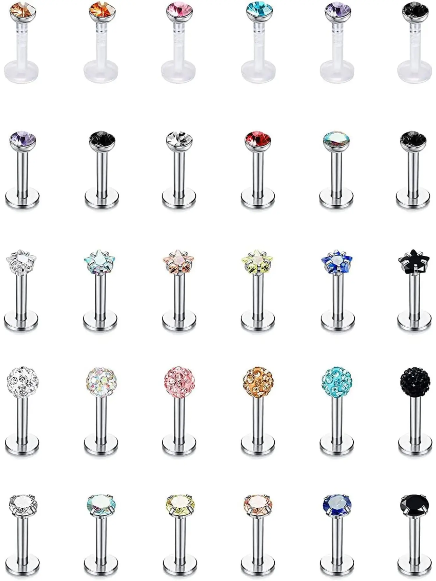 30Pcs 16G Labret Stud Tragus Earrings Stainless Steel Lip Bars Studs Monroe Cartilage Helix Tragus Piercing Jewellery Hypoallergenic Post Earrings Body Piercing Jewelry