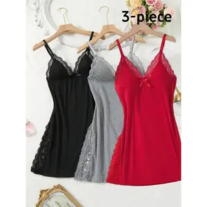 3pcs Split Contrast Lace Nightgown Set, Sexy V-Neck Dress with Bow Detail, Solid Color Camisole Sleepwear for Women's Elegant Loungewear
