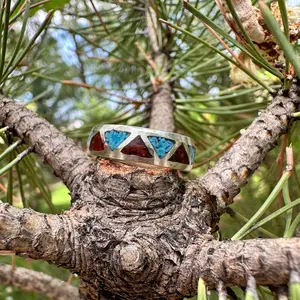 Sterling Silver Turquoise + Coral Inlay Band