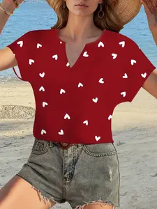 Women's Heart Print V-Neck Shirt, Casual Short Sleeve Top, Elegant Fitted Summer Spring Blouse, All over Print Design