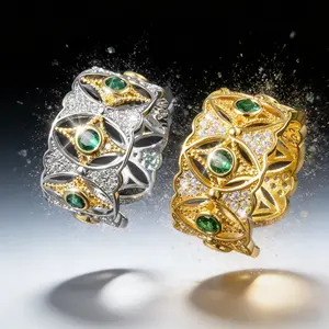 AELNEN Emerald Filigree Statement Rings - S925 Sterling Silver Dual-Tone Adjustable Rings - Pave Crystal & Green Gem Intricate Jewelry - Luxury Stackable Gift for Her