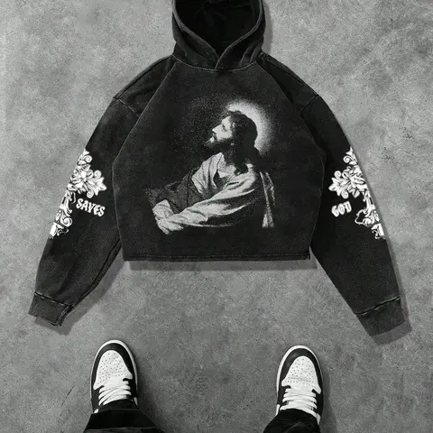 Unisex Men's Jesus Print Faith Hoodie, Casual Aesthetic Regular Fit Letter Graphic Knit Cropped Hooded Sweatshirt for Daily Wear, Men's Clothes for Fall & Winter, Tops, Cotton, Cropped Fit Sweatshirts