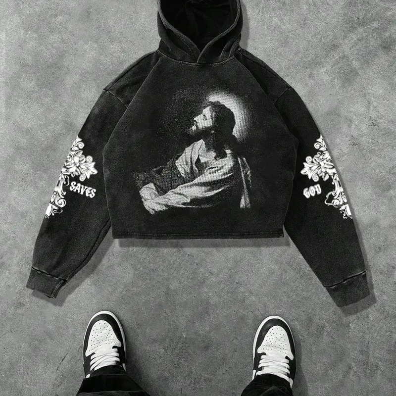 Unisex Men's Jesus Print Faith Hoodie, Casual Aesthetic Regular Fit Letter Graphic Knit Cropped Hooded Sweatshirt for Daily Wear, Men's Clothes for Fall & Winter, Tops, Cotton, Cropped Fit Sweatshirts