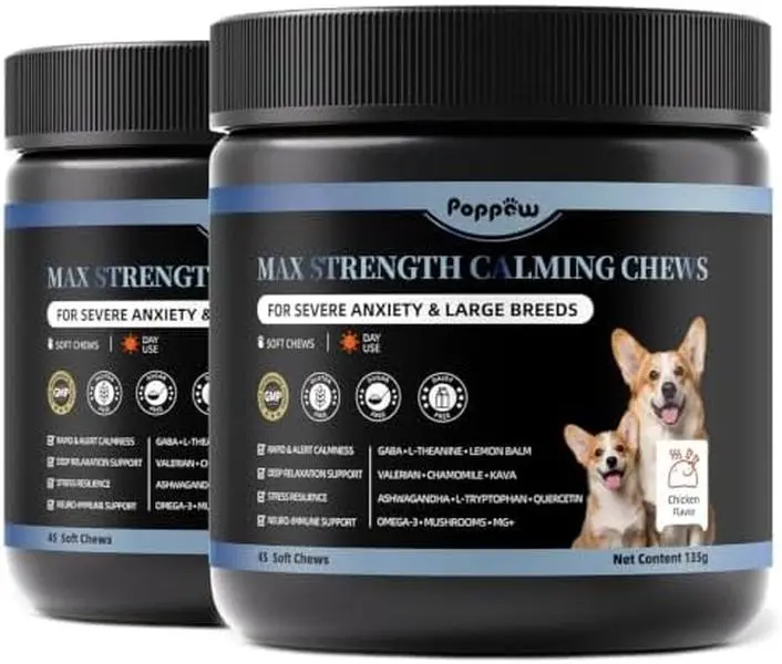 Calming Chews for Dogs - Advanced Calming Treats for Dogs Anxiety, Stress, Separation, & Thunder, Relaxation with Ashwagandha & L-Theanine, Non-Drowsy Alternative to Melatonin, Bacon Flavor, 2 Pack