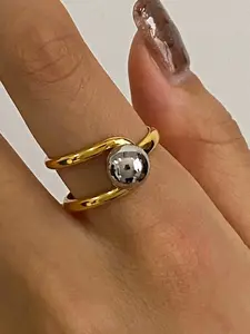 Women's Gold Ring Modern Classic Ring Stainless Steel 18k Gold Waterproof Gold and Silver Color Matching Line Hollow Steel Ball Adjustable Opening Bohemian Style Jewelry Summer Must-Have Beach Travel Holiday Style Ring Elegant Glittering Ring