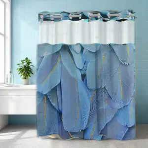 1PC double-layer large ring shower curtain, with delicate texture of blue feather close-up, shower curtain, high-end quick drying hanging curtain, bathroom decor, curtain, waterproof, mildew proof curtain