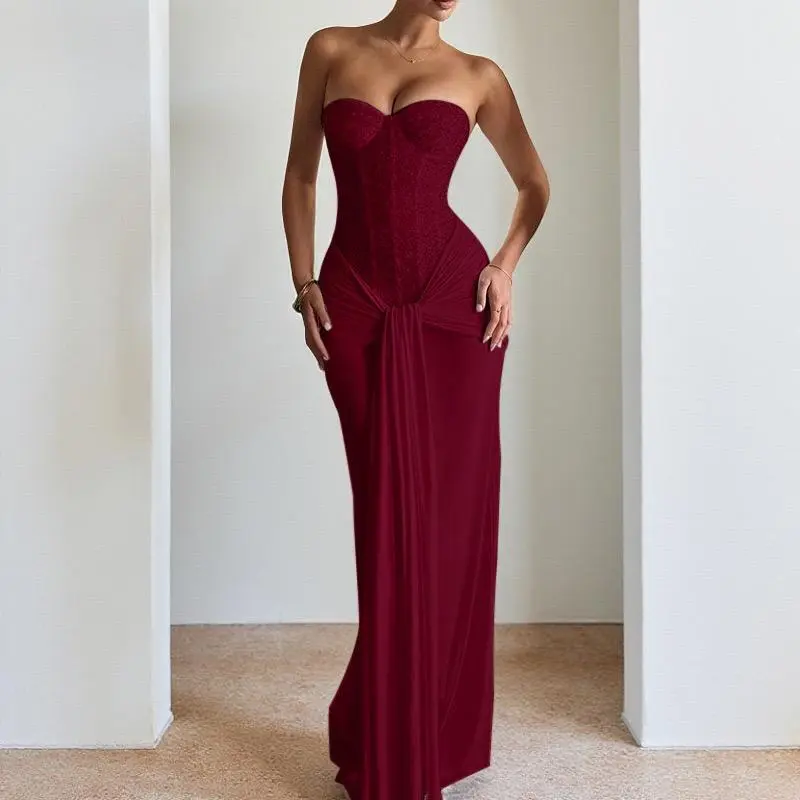 Elegant Halter Neck Dress Snatched Textured Corset Bodycon Midi Dress Perfect for Parties & Special Occasions in Rich Wine Red Formal Womenswear Evening