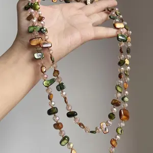 Boho Style Natural Shell Crystal Layered Fashion Accessory Necklace, Long Dual-Layer Beach Jewelry, Perfect for Parties, Vacations, Gifts, Daily Wear, Beaded Necklace