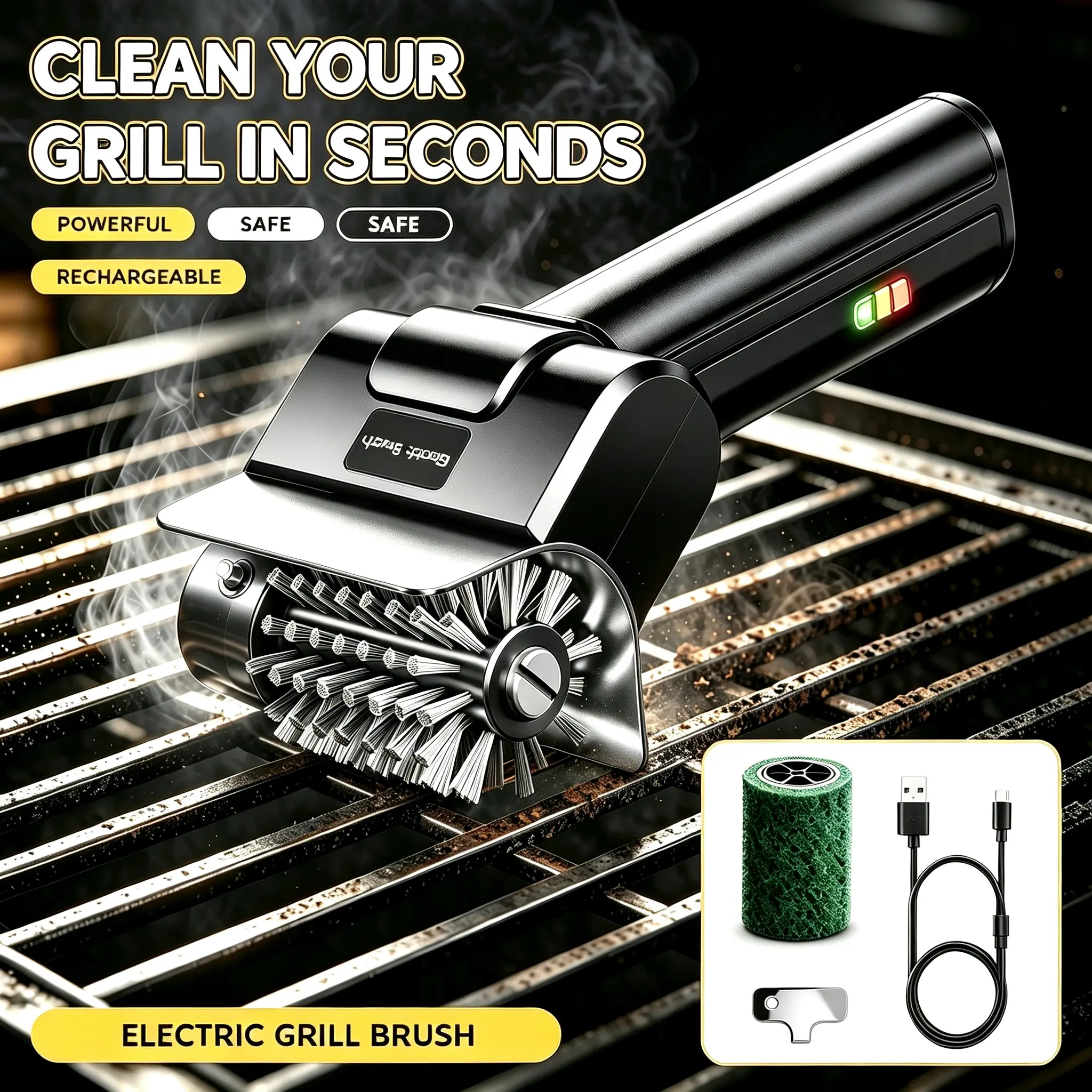 KEYDOORS Cordless Rechargeable Electric Grill Brush - 1100RPM High-Speed Cleaner with Stainless Steel Wire Scraper, 2000mAh Large-Capacity Tool for Gas, Charcoal Grills, Griddles