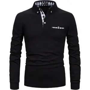 Men's Long Sleeve Polo Shirts Casual Fit Plaid Collar Cotton Golf T-Shirts