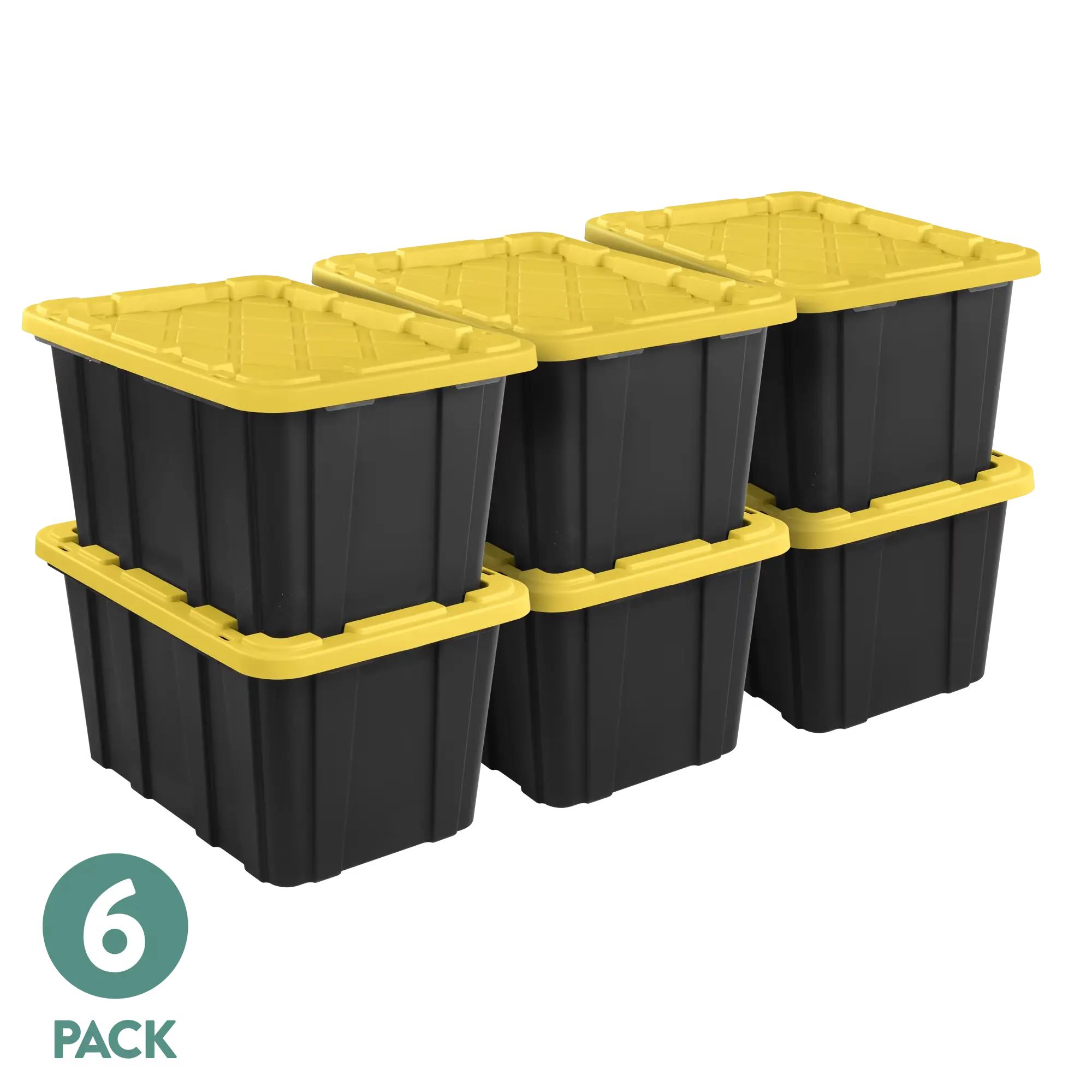 6-Pack 27 Gal Heavy-Duty Plastic Storage Totes with Snap-On Lids, Black & Yellow Stackable Bins with Grip Handles for Home Organization