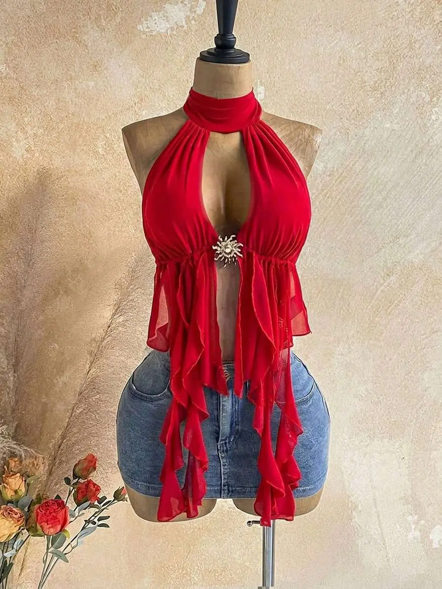 Women's Solid Color Deep V-Neck Halter Neck Back Tie Fashion Sexy Top Club Night Red Summer