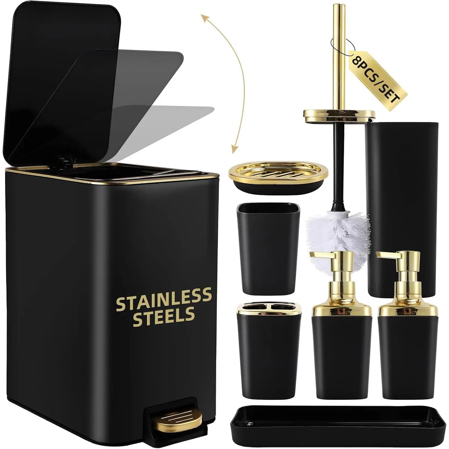 Black Bathroom Accessories 8 count Black and  Bathroom Set, Bathroom Accessories with Stainless Steel Bathroom Trash Can,Toilet Brush, Set,Soap Dispenser