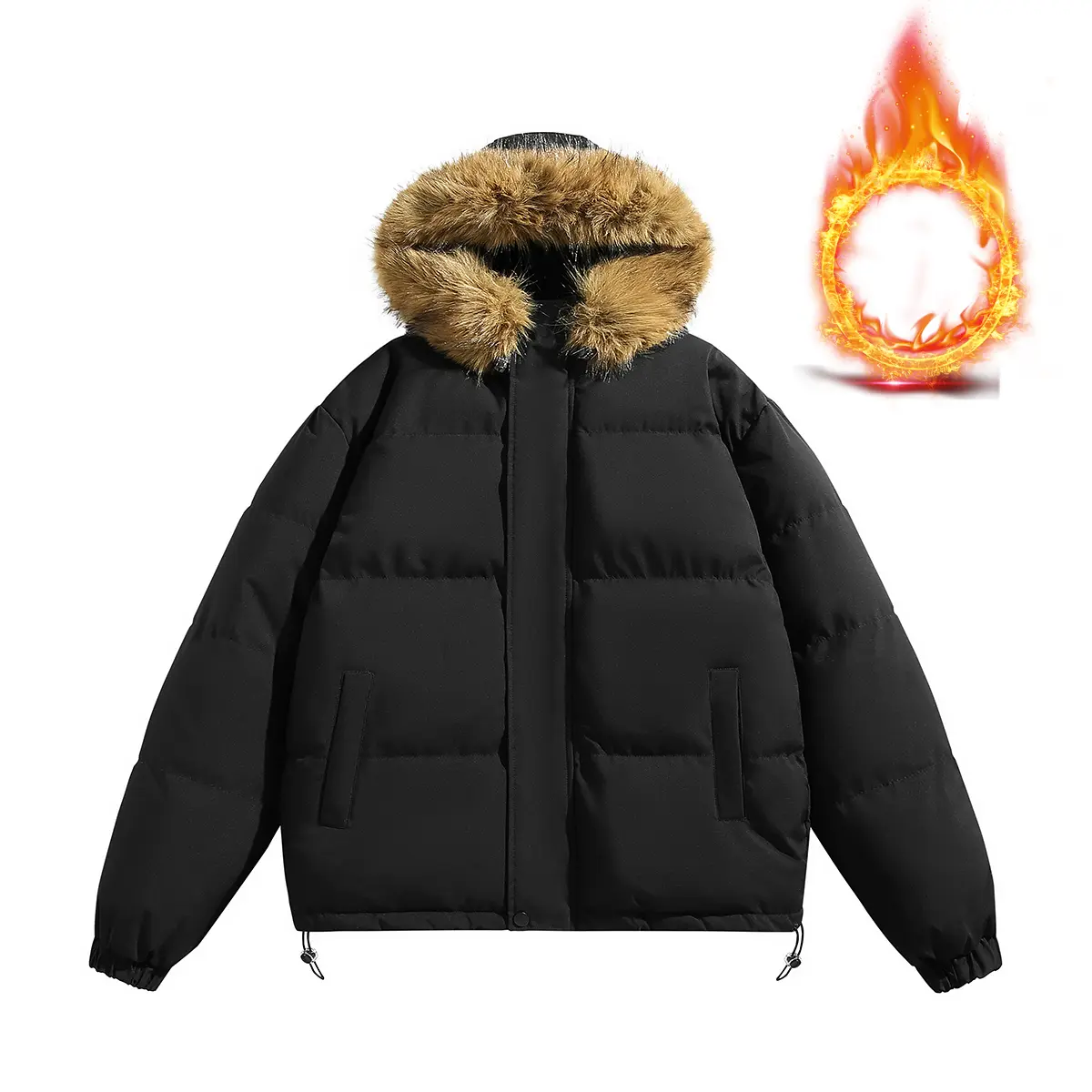 Men's Autumn-Winter Woven Fitted Solid Color Puffer Coat - Long-Sleeve, Quilted, Thickly Padded, Hooded, Detachable Faux Fur Collar, Retro Casual, Machine Washable, Warm Versatile Wardrobe Basics, Beige/Black