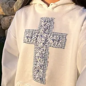 Cross Patchwork Hoodie - Stylish hoodie with Unique Floral and Gingham Design gildan shirt Oversized Casual Sweatshirt Womenswear