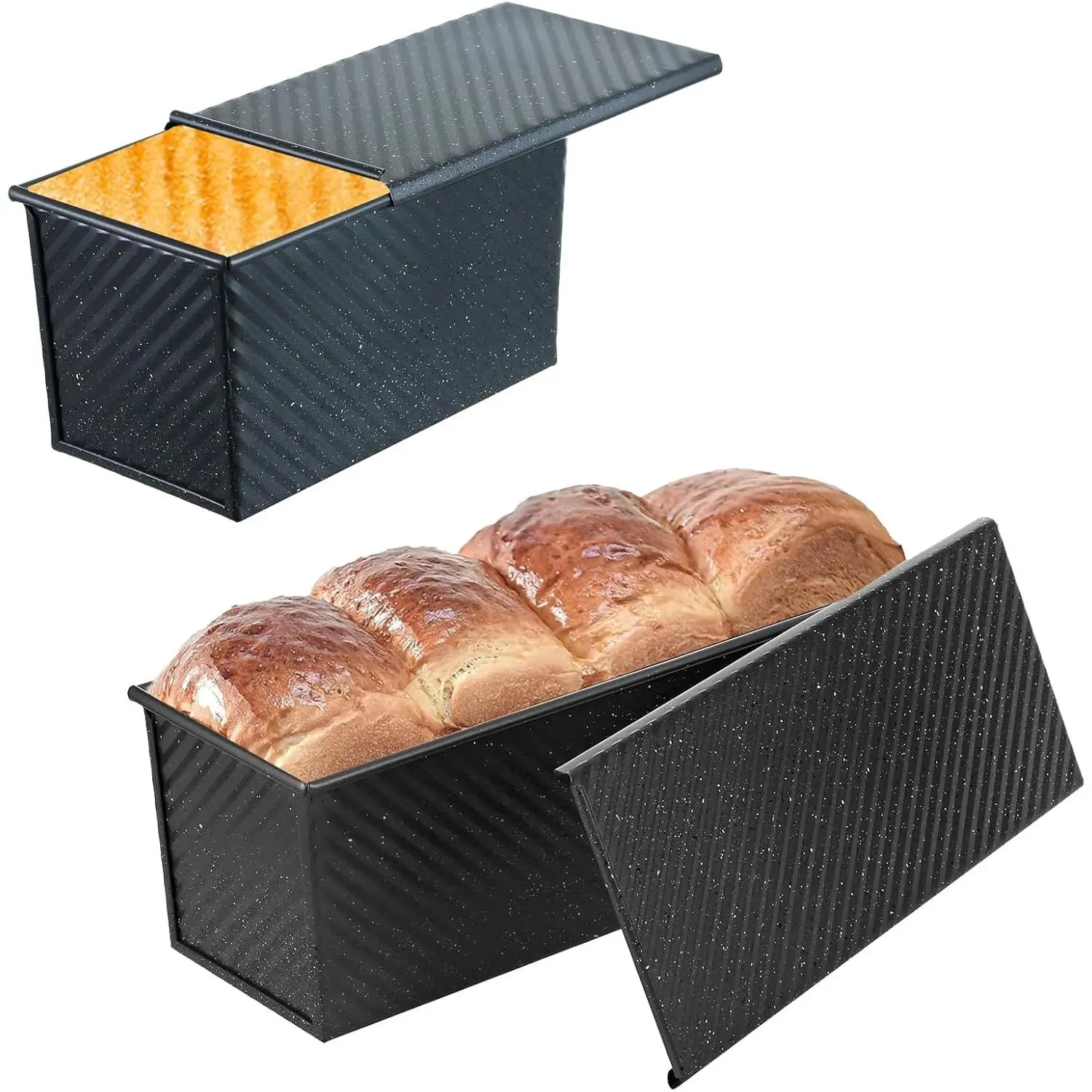 Pullman Loaf Pan with Lid 2-Pack, 2.2lb & 1lb Carbon Steel Bread Pan for Homemade Sourdough & Sandwich Bread | Nonstick Bakeware, Heavy Duty & Easy Clean (Black, 1lb+2.2lb)