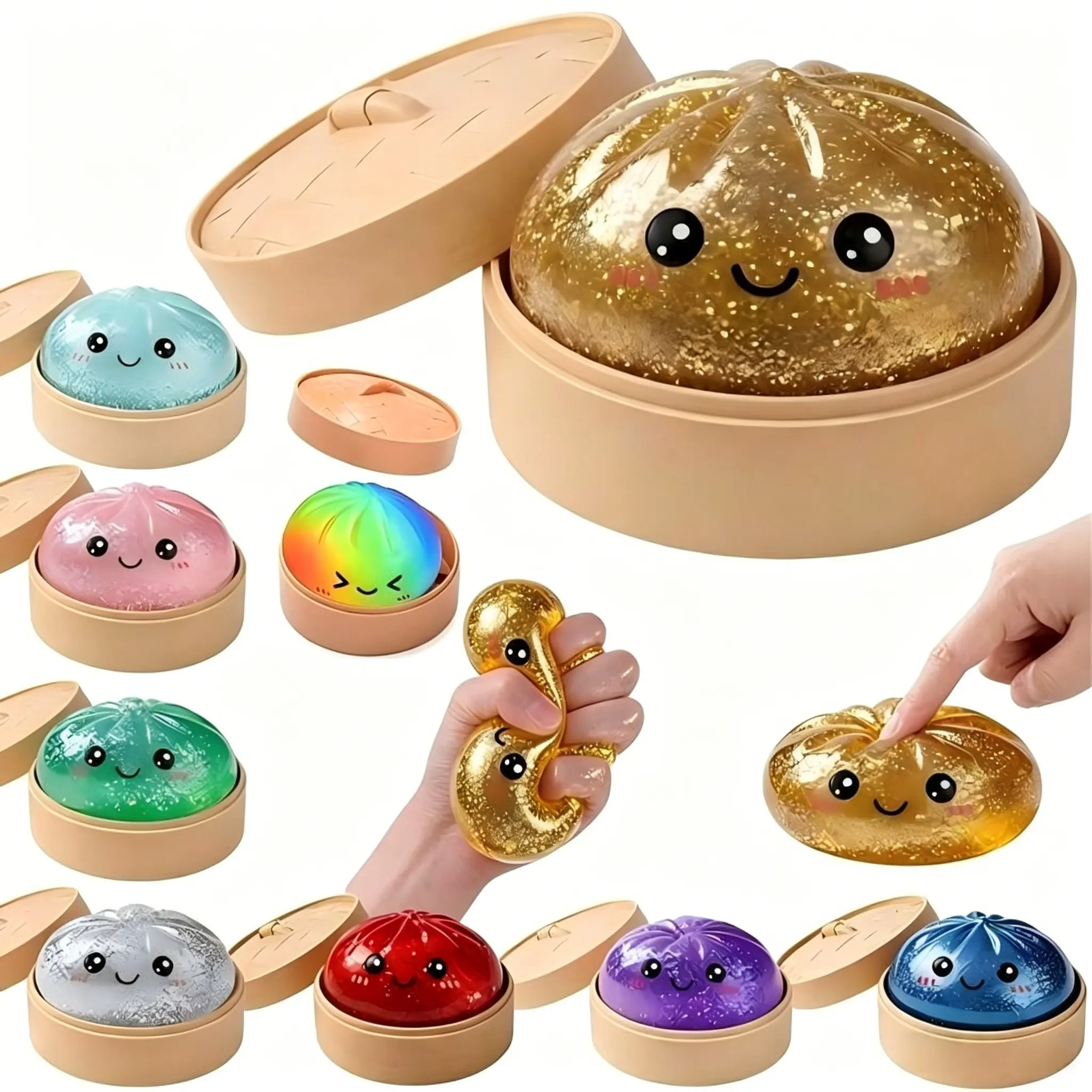 Mini Dumpling Squishy Stress Ball Gift Set - Realistic, Stretchy Squishy, Soft Moldable Slow Ferment Dough Ball, Sparkly Glitter Toy for Mother's Day or Father's Day Gifting
